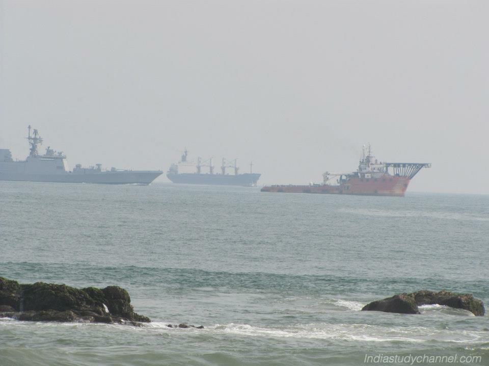 Indian Naval Ships Sailing in the Sea near RK Beach, Vishakapatnam