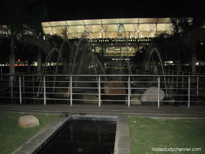 Garden area and water fountain at Rajiv Gandhi Airport, Shamshabad