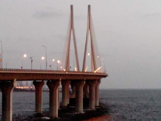 Evening view of the wire standed Worli- Bandra Sealink from Bandra Fort.