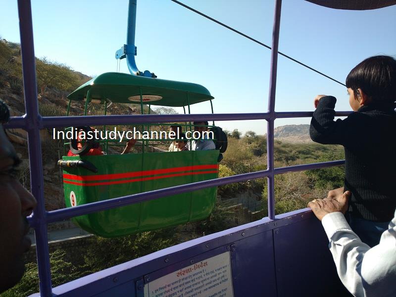 A trolley in midway of ropeway Sundhamata, Bhinmal, Jalore