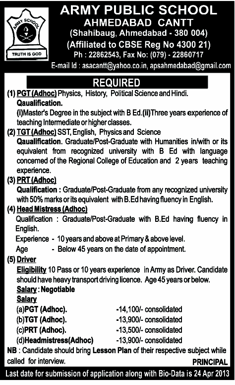 Teaching, non-teaching job vacancy notification of Army Public School, Ahmedabad Cantt.