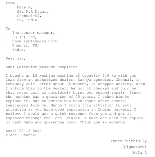 How to write a complaint letter for a defective product