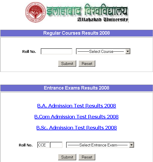 Allahabad University Entrance Result 2009, University of Allahabad 2009