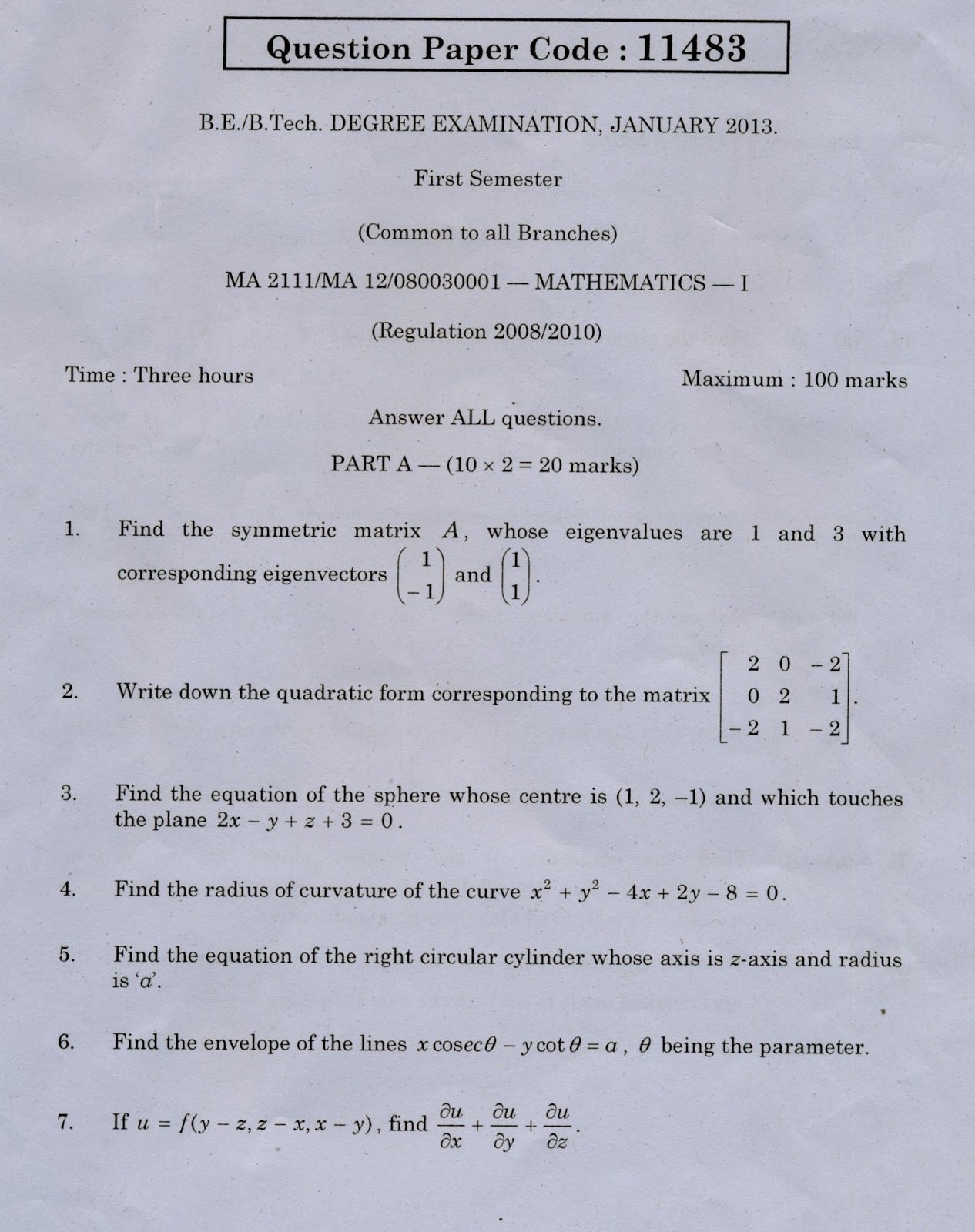 University Chennai Ma 2111 Mathematics Anna University Question Paper ...