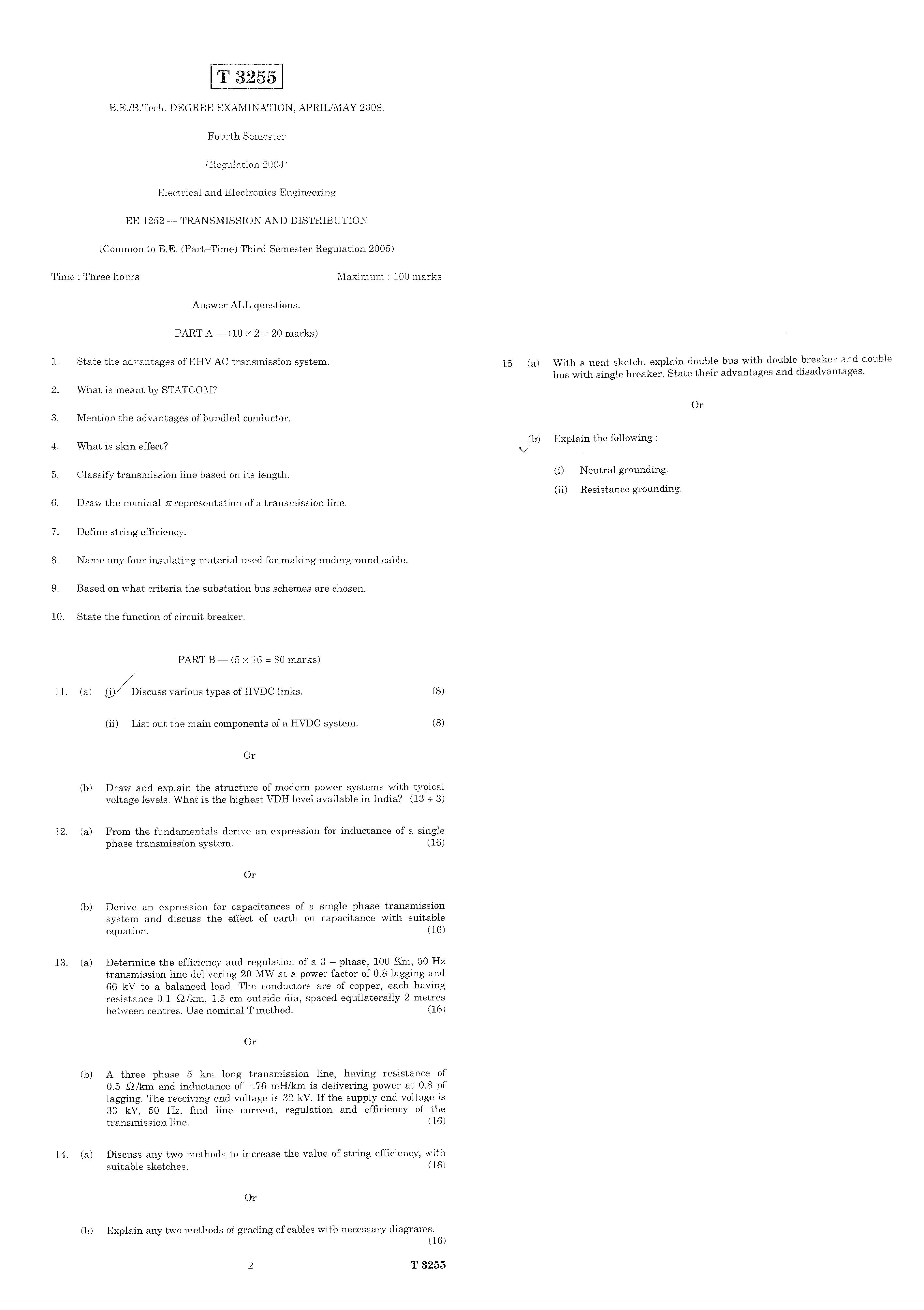 Transmission and Distribution april/may 2008 Question paper EEE Fifth semester Transmission and Distribution april/may 2008 Question paper EEE Fifth semester
