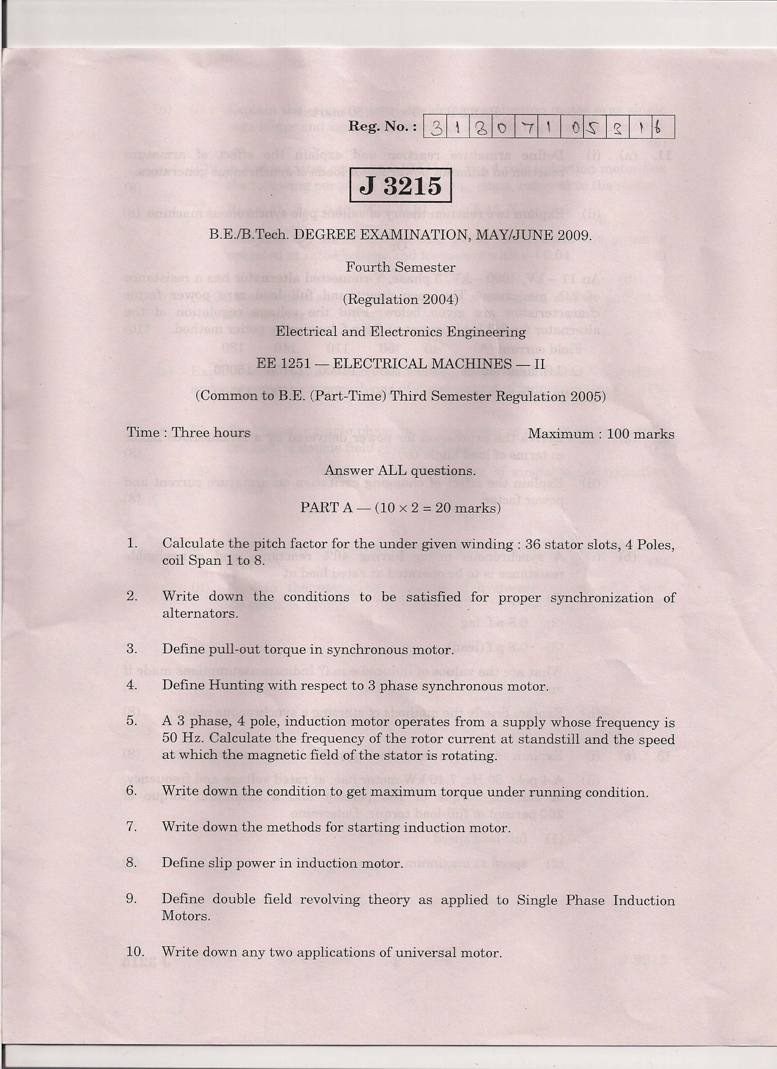 ... MACHINES - II May/June 2009 Question paper EEE fifth semester